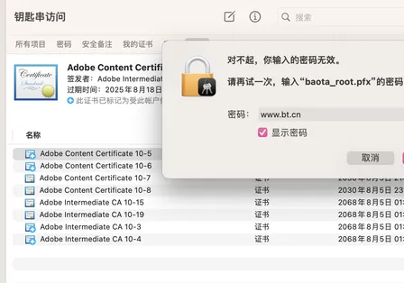解决 macOS 导入宝塔面板 SSL 证书失败